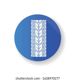 Track marks blue flat design long shadow glyph icon. Detailed automobile, motorcycle street tyre traces. Directional summer wheel print. Vehicle tire trail. Silhouette RGB color illustration