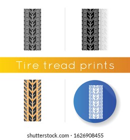 Track marks icon. Detailed automobile, motorcycle street tyre traces. Directional summer wheel print. Vehicle tire trail. Linear black and RGB color styles. Isolated vector illustrations