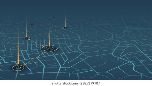 Rastrear los pines de navegación en mapas callejeros isométricos, navegar por la tecnología de mapeo, localizar el pin de posición. Varios destinos. Mapa de seguimiento de Gps. Navegador de localización o mapa de gps de viaje futurista