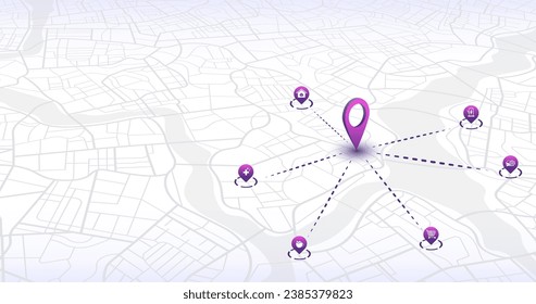 Rastrear los pines de navegación en mapas callejeros isométricos, navegar por la tecnología de mapeo, localizar el pin de posición. Varios destinos. Mapa de seguimiento de Gps. Navegador de localización o mapa de gps de viaje futurista