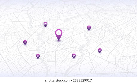 Track navigation pins on isometric street maps, navigate mapping technology, locate position pin. Multiple destinations. Gps tracking map. Futuristic travel gps map or location navigator vector