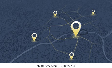 Track navigation pins on isometric street maps, navigate mapping technology, locate position pin. Multiple destinations. Gps tracking map. Futuristic travel gps map or location navigator vector