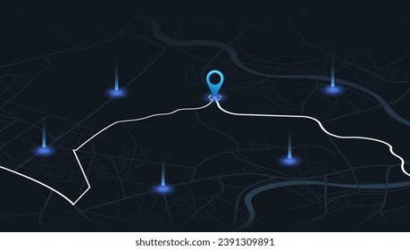 Track navigation pins on isometric street maps, navigate mapping technology, locate position pin. Multiple destinations. Gps tracking map. Futuristic travel gps map or location navigator vector