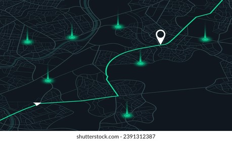 Rastrear los pines de navegación en mapas callejeros isométricos, navegar por la tecnología de mapeo, localizar el pin de posición. Varios destinos. Mapa de seguimiento de Gps. Navegador de localización o mapa de gps de viaje futurista