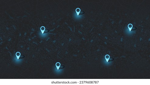 Track navigation pins on street maps, navigate mapping technology and locate position pin. Futuristic travel gps map or location navigator vector illustration. Multiple destinations. Gps tracking map.
