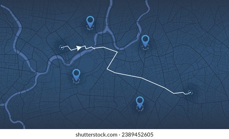 Track navigation pins on street maps, navigate mapping technology and locate position pin. Futuristic travel gps map or location navigator vector illustration. Multiple destinations. Gps tracking map.