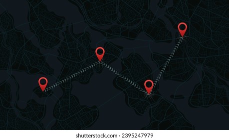 Track navigation pins on street maps, navigate mapping technology and locate position pin. Futuristic travel gps map or location navigator vector illustration. Multiple destinations. Gps tracking map.