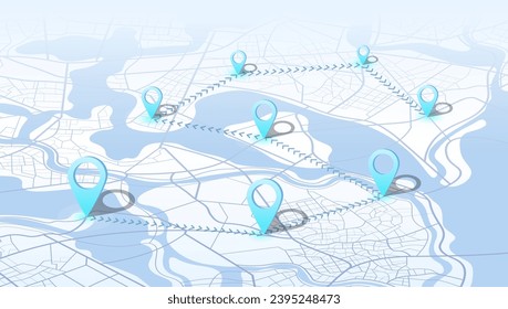 Rastrear los pines de navegación en los mapas callejeros, navegar por la tecnología de mapeo y localizar el pin de posición. Ilustración vectorial del mapa de gps de viaje futurista o del navegador de ubicación. Varios destinos. Mapa de seguimiento de Gps.