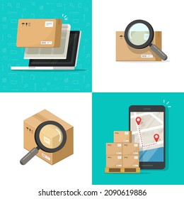 Track order delivery package vector or cargo product shipment and logistics online on mobile cell phone and computer online inspection flat cartoon illustration, freight parcel box search app