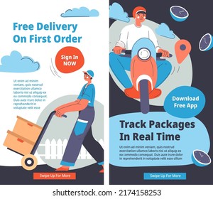 Track packages time, free delivery on first order. Swipe up for more information, distribution, and service for loyal clients of shops. Advertisement promotional banner, vector in flat style