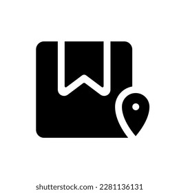 Icono de pista de parcela de glifo negro ui. Buscar orden. Par de ubicación y caja. Diseño de interfaz de usuario. Símbolo de silueta en el espacio blanco. Pictograma sólido para web, móvil. Ilustración vectorial aislada