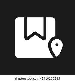 Track parcel dark mode glyph ui icon. Find order. Location pin and box. User interface design. White silhouette symbol on black space. Solid pictogram for web, mobile. Vector isolated illustration