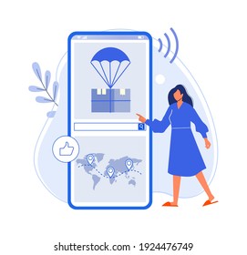 Track Parcel Delivery On Smartphone World Map. Vector Delivery Tracking On Smartphone, Parcel Shipment Service Illustration