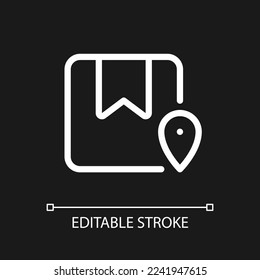 Track parcel pixel perfect white linear ui icon for dark theme. Find order. Location pin and box. Vector line pictogram. Isolated user interface symbol for night mode. Editable stroke. Arial font used
