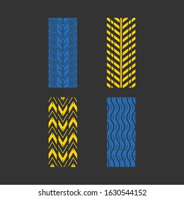 Track patterns RGB color icons set. Detailed automobile, motorcycle, bike tyre marks. Car summer and winter wheel trace. Vehicle tire trail. Isolated vector illustrations on black background