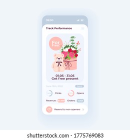 Track performance smartphone interface vector template. Mobile app page white design layout. Giveaway campaign screen. Flat UI for application. CRM service, audience engagement. Phone display