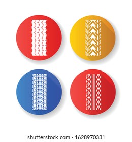 Track prints flat design long shadow glyph icons set. Detailed automobile, motorcycle, bike tyre marks. Car summer and winter wheel trace. Vehicle tire trail. Silhouette RGB color illustration