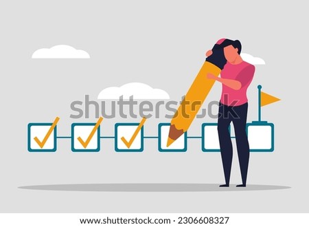 Track project goals, track company goals. Development and progress of the project, a man holds a pencil and marks the completed tasks. Vector illustration
