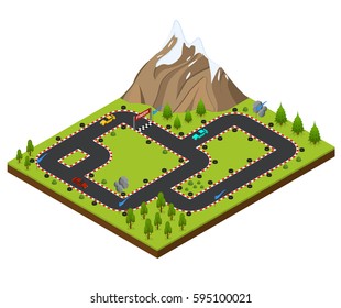 Track Racing Car Isometric View. Landscape with Trees and Mountain Vector illustration