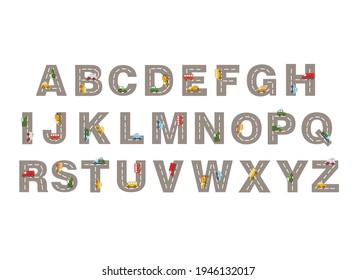 Track road alphabet. Kids learning material. alphabet with colored cars