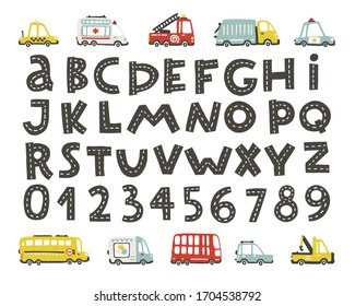 Track road alphabet, numbers. Baby city cars set. Comic funny transport. Vector cartoon illustrations in hand-drawn Scandinavian style for kids, nursery, poster, card, birthday party, baby t-shirts.