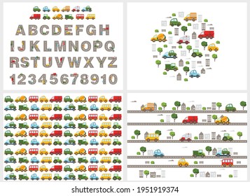 Track road alphabet, numbers. Baby city cars set. Vector cartoon illustrations for kids, nursery, poster, card, birthday party, baby t-shirts.