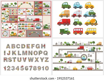 Track road alphabet, numbers. Baby city cars set. Vector cartoon illustrations for kids, nursery, poster, card, birthday party, baby t-shirts.