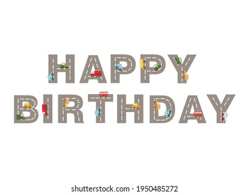 track road numbers with inscription happy birthday with colored cars