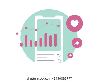 Pista de métricas de redes sociales y estadísticas de marketing smm. Métricas de participación en redes sociales: como, compartir, comentarios, crecimiento de seguidores. Métricas para ROI de redes sociales, ilustración de métricas de crecimiento de audiencia