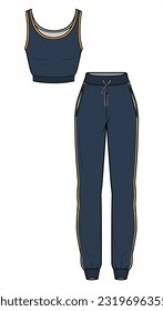 Track Suit, Contrasting Detail Ribbed Hem Crop Tank Top and Joggers Suit set Front and Back View. Fashion Illustration, Vector, CAD, Technical Drawing, Flat Drawing, Template, Mockup.