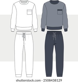 SUDADERA DE TRAJE DE pista Y JOGGERS SET PARA HOMBRES Y NIÑOS VECTOR DE ROPA DEPORTIVA. HOMBRES Y NIÑOS TEE Y PIJAMA SET SLEEP WEAR DIBUJO DE VECTOR