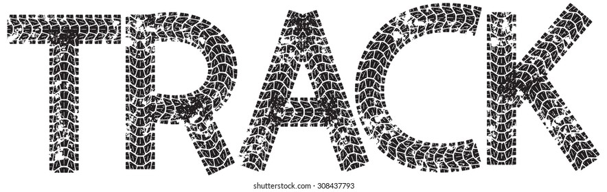 Track text with the letters made from motorcycle tire tracks, isolated on white