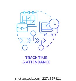 Icono de concepto de gradiente azul de seguimiento de tiempo y asistencia. Administración de flujos de trabajo. Ilustración de línea delgada de idea abstracta de paso de nómina. Dibujo de contorno aislado. Se usa una fuente Myriad Pro-Bold