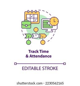 Track time and attendance concept icon. Workflow management. Payroll processing step abstract idea thin line illustration. Isolated outline drawing. Editable stroke. Arial, Myriad Pro-Bold fonts used