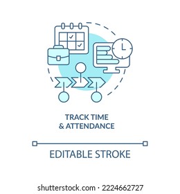 Icono de concepto turquesa de seguimiento del tiempo y asistencia. Gestión. Ilustración de línea delgada de idea abstracta de paso de nómina. Dibujo de contorno aislado. Trazo editable. Fuentes Arial, Myriad Pro-Bold utilizadas