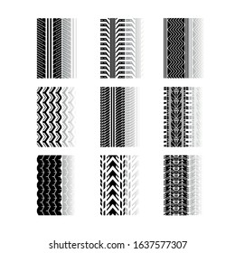 Track traces drop shadow black glyph icons set. Detailed automobile, motorcycle, bike tyre marks. Car summer and winter wheel trace. Vehicle tire trail. Isolated vector illustrations on white space