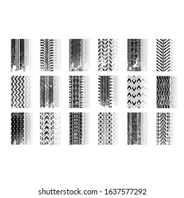 Track tread drop shadow black glyph icons set. Detailed automobile, motorcycle tyre marks. Car summer and winter wheel trace. Tire trail in grunge style. Isolated vector illustrations on white space
