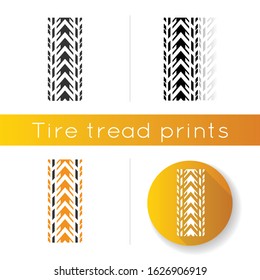 Track tread icon. Detailed automobile, motorcycle tyre marks. Car winter wheel print. All-terrain vehicle tire trail. Linear black and RGB color styles. Isolated vector illustrations