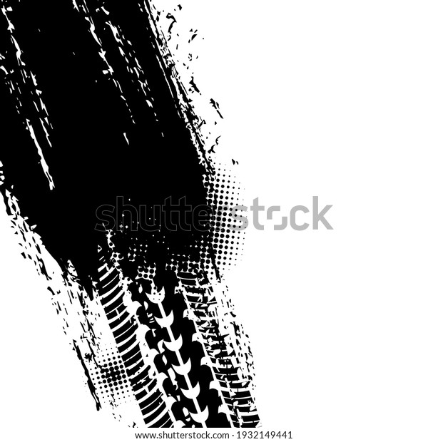 Track of tyre, tire print trace, car wheel treads,\
vector dirt prints halftone background. Car races, bike motorcycle\
or tractor truck tracks with grunge pattern, bicycle dirty marks on\
road mud