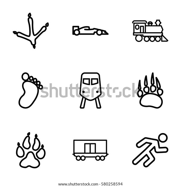 track vector icons. Set of 9 track outline icons\
such as train, animal paw, footprint of  icobird, foot print, cargo\
wagon, locomotive,\
running