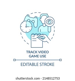 Track video game use turquoise concept icon. Coping with gaming addiction abstract idea thin line illustration. Isolated outline drawing. Editable stroke. Arial, Myriad Pro-Bold fonts used