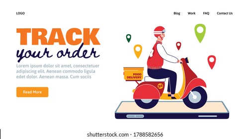 Track your order - food delivery website page with cartoon courier on scooter bike coming out of phone screen with location tag. Vector illustration.