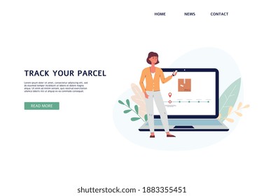 Track your parcel website header with woman character tracking her delivery with mobile and web apps, flat vector illustration. Template for website or landing page.