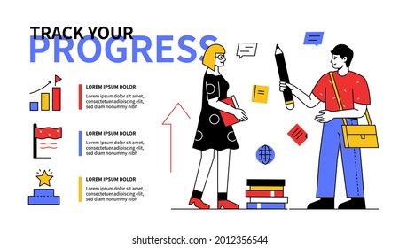 Track your progress - line design style web banner on white background and copy space for text. A composition with happy students, teenagers. Boy and girl talking about educational process