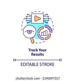 Track Your Results Concept Icon. Analyse Feedback. Creating Educational Video Abstract Idea Thin Line Illustration. Isolated Outline Drawing. Editable Stroke. Arial, Myriad Pro-Bold Fonts Used