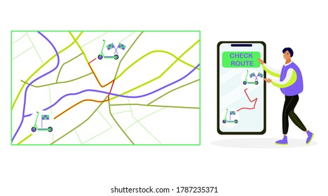 Rastrea tu ruta en aplicación móvil, hombre revisa el mapa en smartphone.Concepto de alquiler de motocicletas eléctricas, servicio compartido.Transporte ecológico.Transporte urbano. Ilustración plana vectorial.