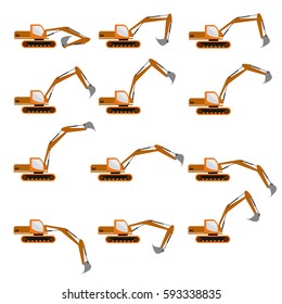 Tracked excavator various arm positions. Vector illustration