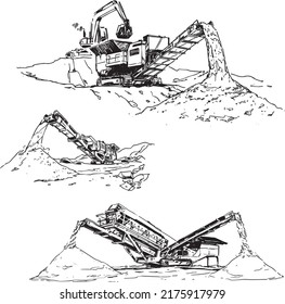 Tracked Incline Screener and Mobile Crushing Plant. Set of Black and White Sketches.