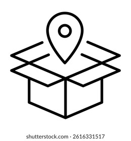 Tracked package vector icon, featuring an open package box with a location pin inside, symbolizing parcel tracking, delivery monitoring, and logistics services