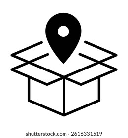 Tracked package vector icon, featuring an open package box with a location pin inside, symbolizing parcel tracking, delivery monitoring, and logistics services